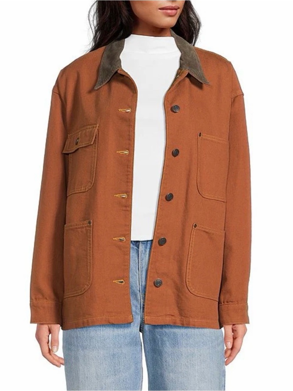 NWT Gianni Bini Rose Suede Collar Canvas Barn Jacket Rust Brown M